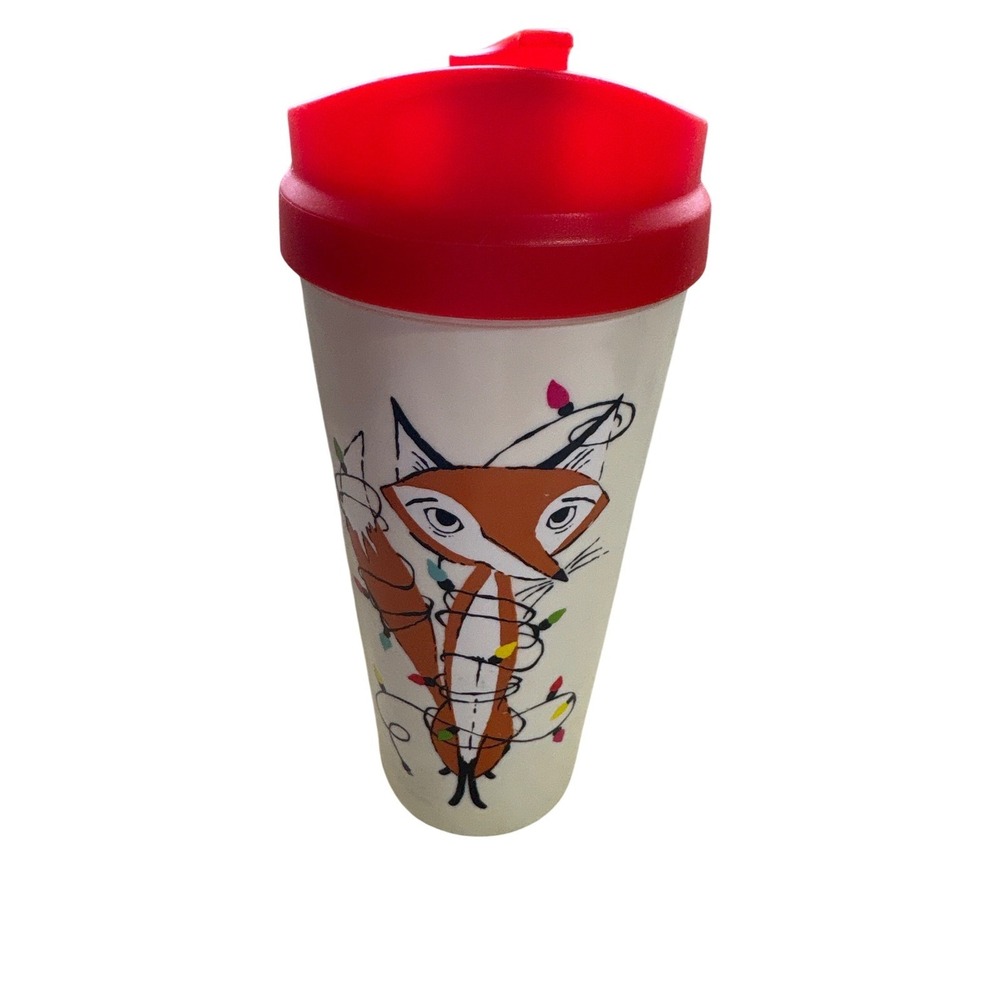 Kate Spade New York Travel Mug Tumbler Red Lid Fox Christmas Lights